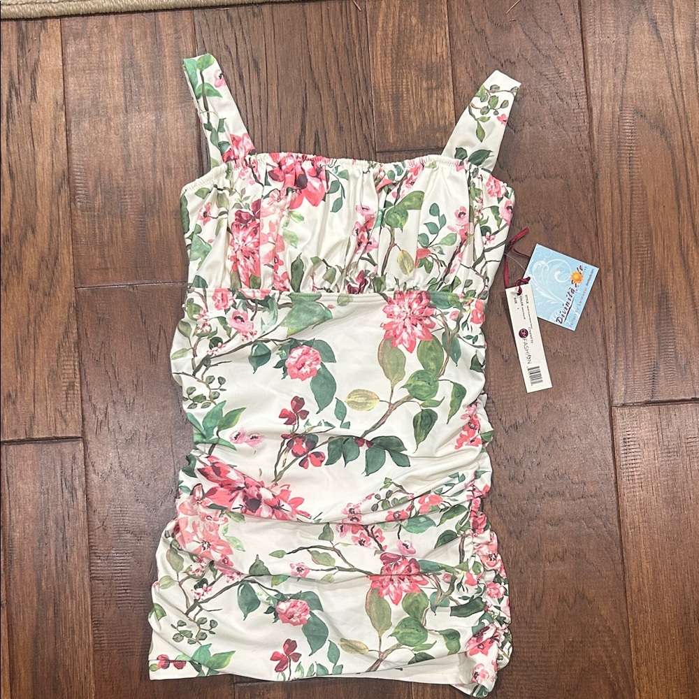 Floral Ruched Swim Camisole in White & Pink - Unbranded